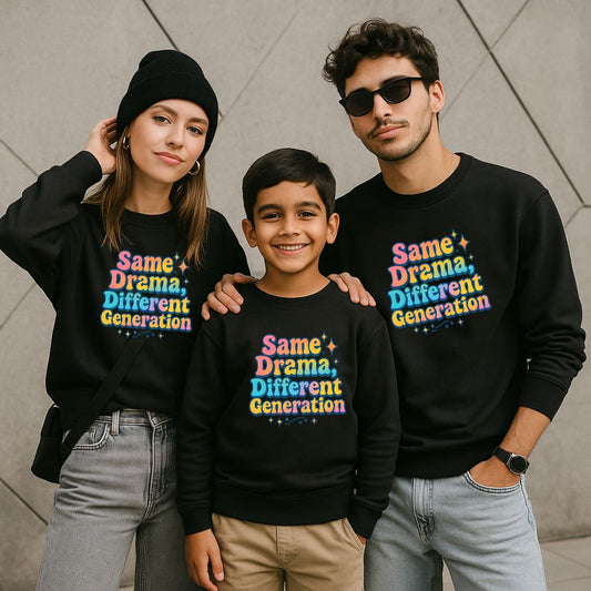 Black family sweatshirts with colorful text 