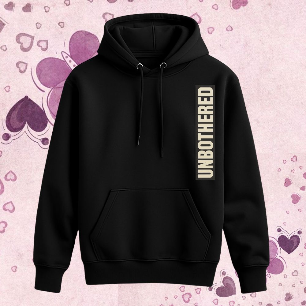 Black hoodie with 'UNBOTHERED' text 