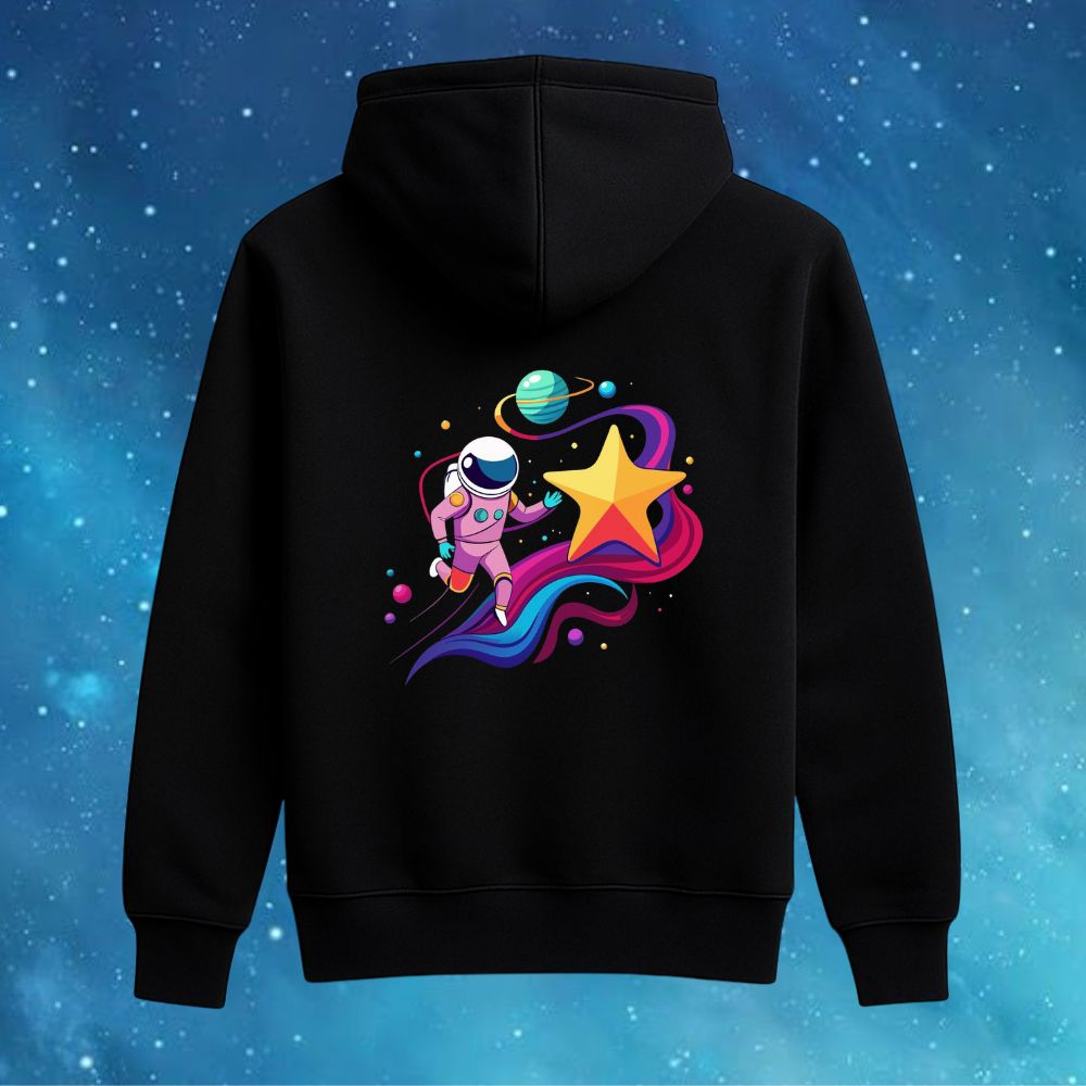 Black hoodie with a colorful astronaut and star design black