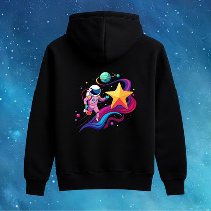Black hoodie with a colorful astronaut and star design black