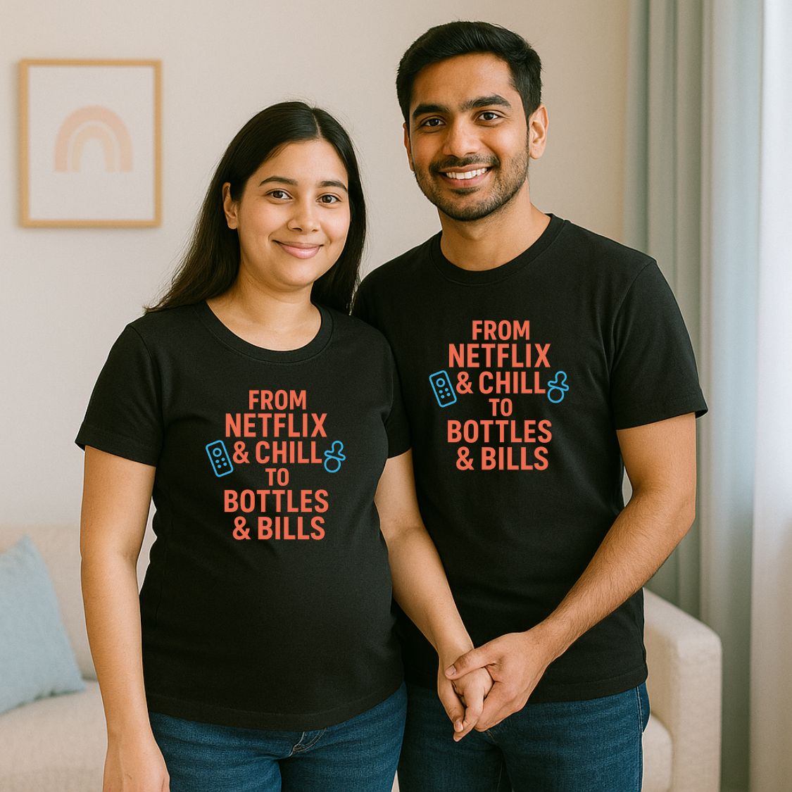 Black matching maternity t-shirts with humorous text design.