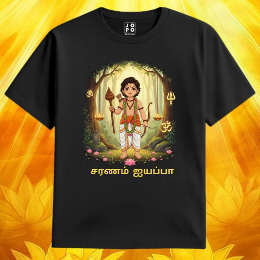 Black t-shirt Saranam Ayyappa Text Printed with Lord Ayyappa graphic Design