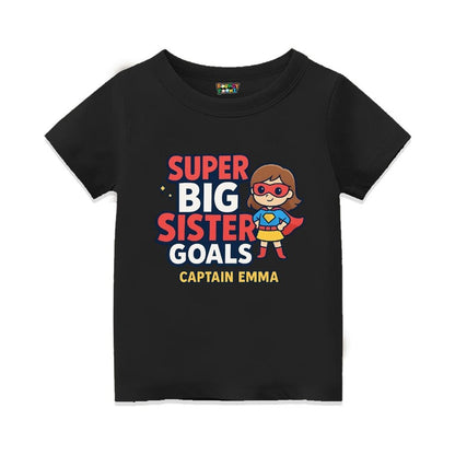 Black t-shirt,  superhero design printed with "Super Big Sister Goals" and Captain text