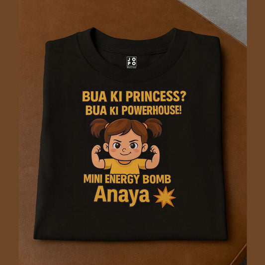 Black t-shirt with Mini Energy Bomb text and a girl cartoon character 