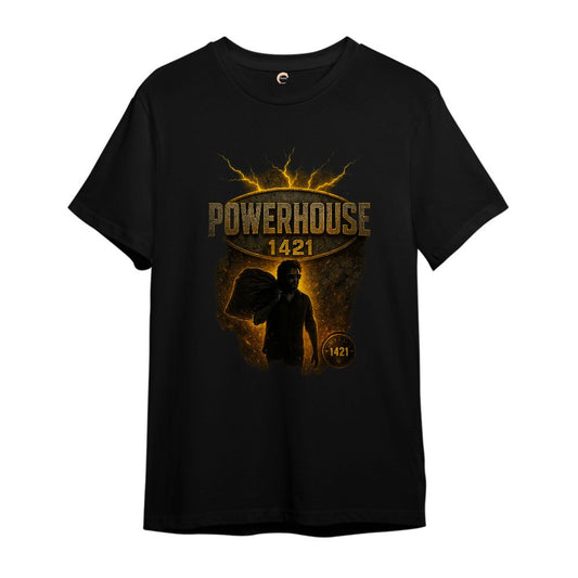 Black t-shirt with 'Powerhouse 1421' 