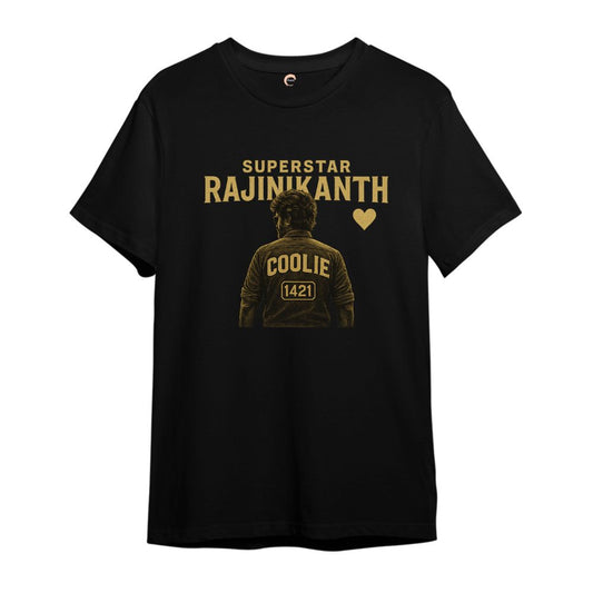 Black t-shirt with 'Superstar Rajinikanth' and 'Coolie 1421' text 