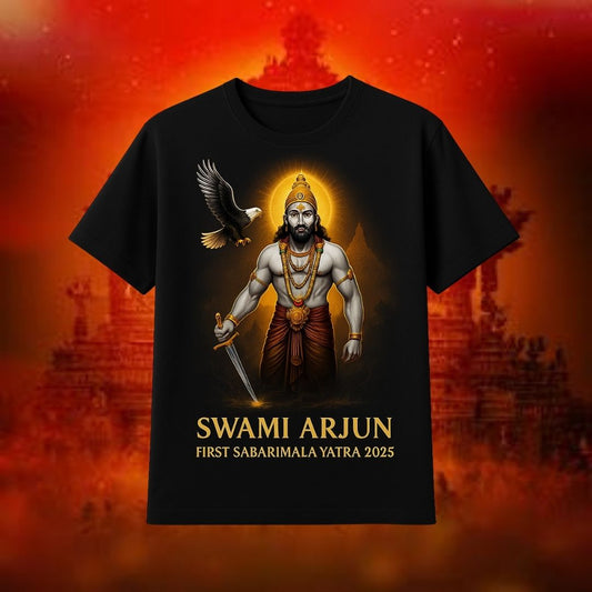 Black t-shirt with Swami Arjun and First Sabarimala Yatra text and powerful, warrior-like King with Eagle holding a sword graphic design