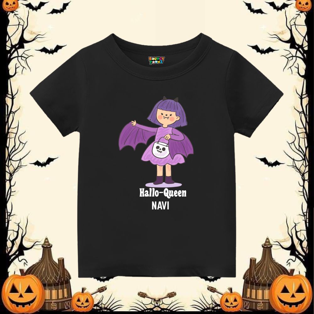 Black t-shirt with a Halloween-themed design with Hallo-Queen Text