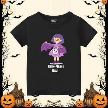 Black t-shirt with a Halloween-themed design with Hallo-Queen Text