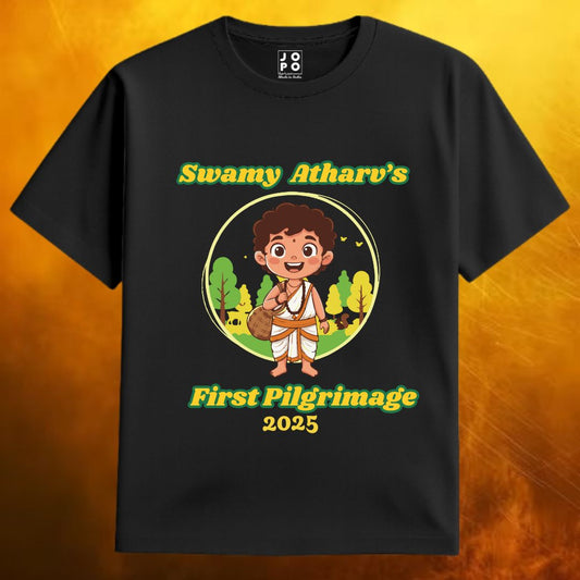 Black t-shirt with a Little boy graphic design with First Pilgrimage 2025 text 