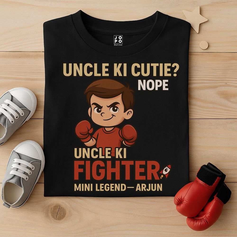 Black t-shirt with a boy cartoon character and Mini Legend text design