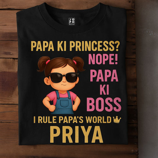 Black t-shirt with a girl cartoon character and I Rule Papa's World text 