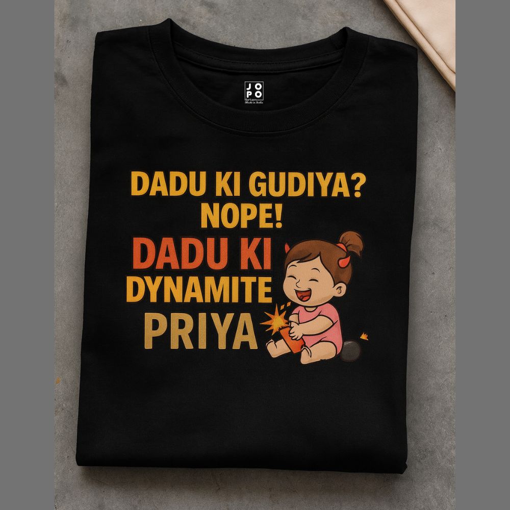 Black t-shirt with a girl cartoon character and the fun text design