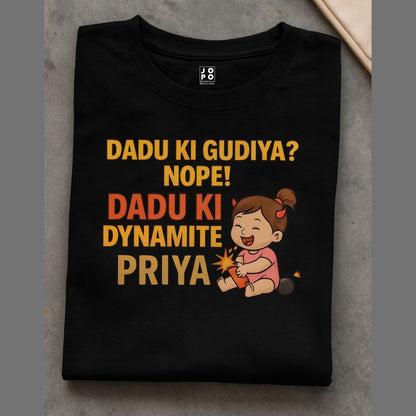 Black t-shirt with a girl cartoon character and the fun text design
