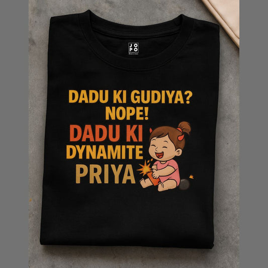 Black t-shirt with a girl cartoon character and the fun text design