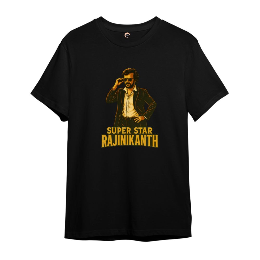 Black t-shirt with a graphic of a person and 'Super Star Rajinikanth' text 