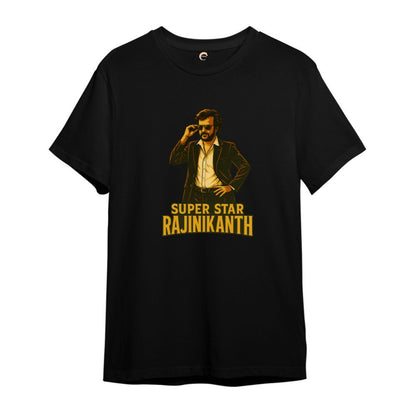 Black t-shirt with a graphic of a person and 'Super Star Rajinikanth' text 