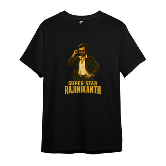 Black t-shirt with a graphic of a person and 'Super Star Rajinikanth' text 