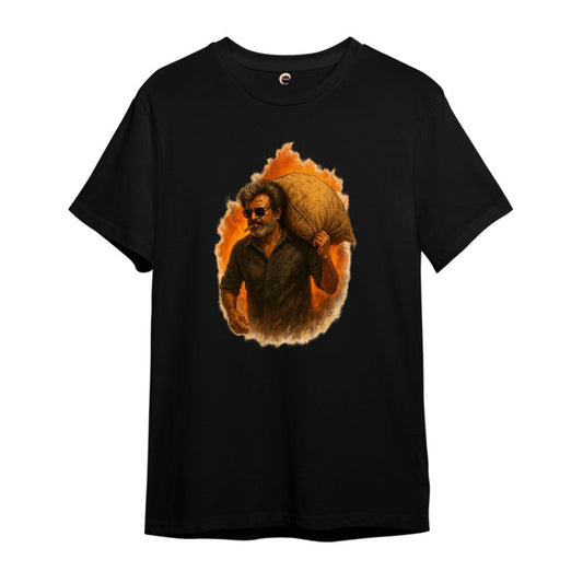 Black t-shirt with a graphic of a person holding a bag 