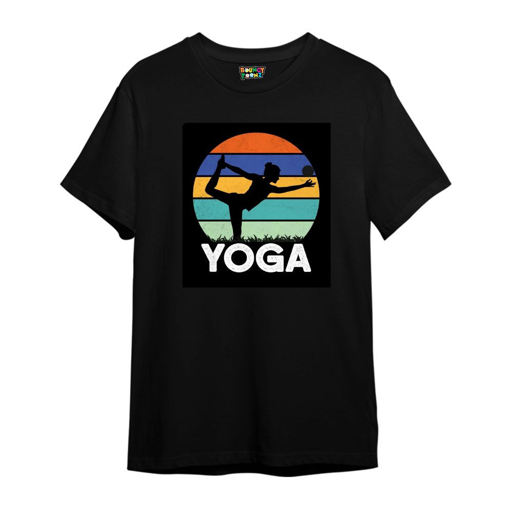 Black t-shirt with a yoga pose colorful graphic print