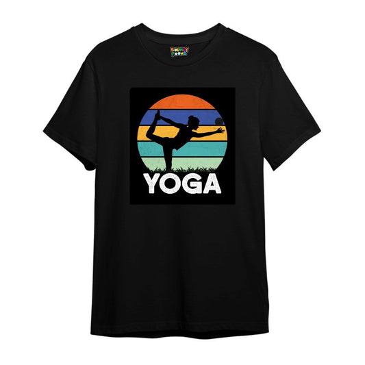 Black t-shirt with a yoga pose colorful graphic print