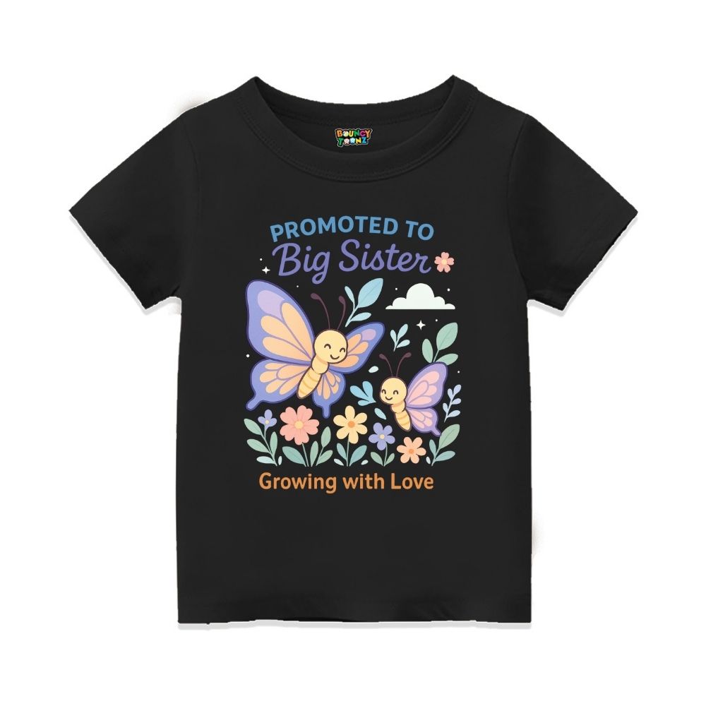 Black t-shirt with butterfly design and text 'Promoted to Big Sister Growing with Love'