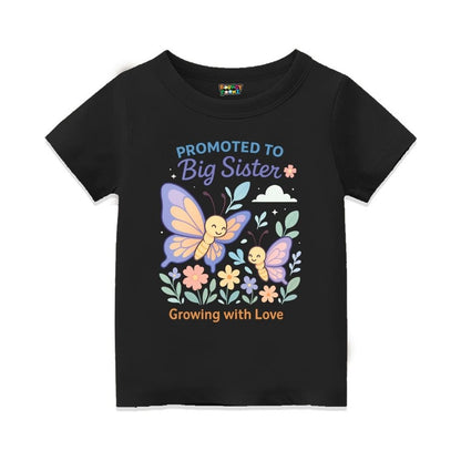 Black t-shirt with butterfly design and text 'Promoted to Big Sister Growing with Love'