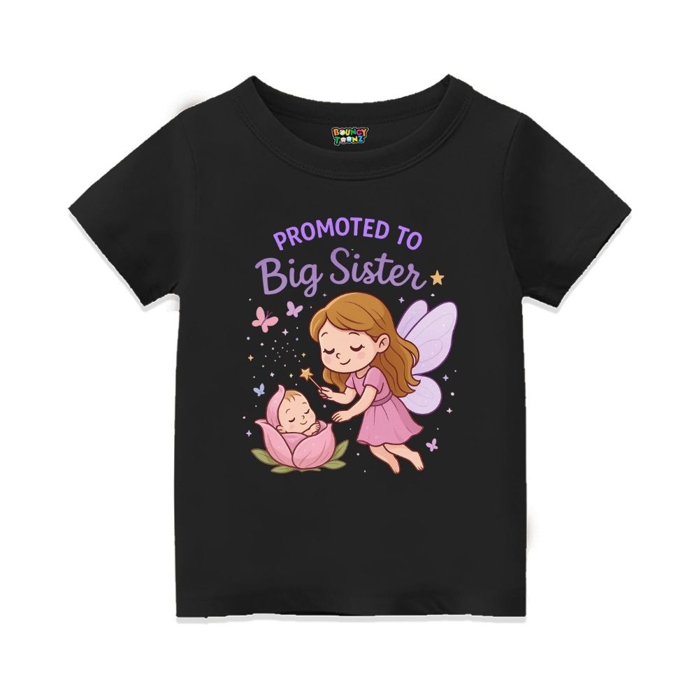Black t-shirt with fairy and baby graphic and 'Promoted to Big Sister' text 