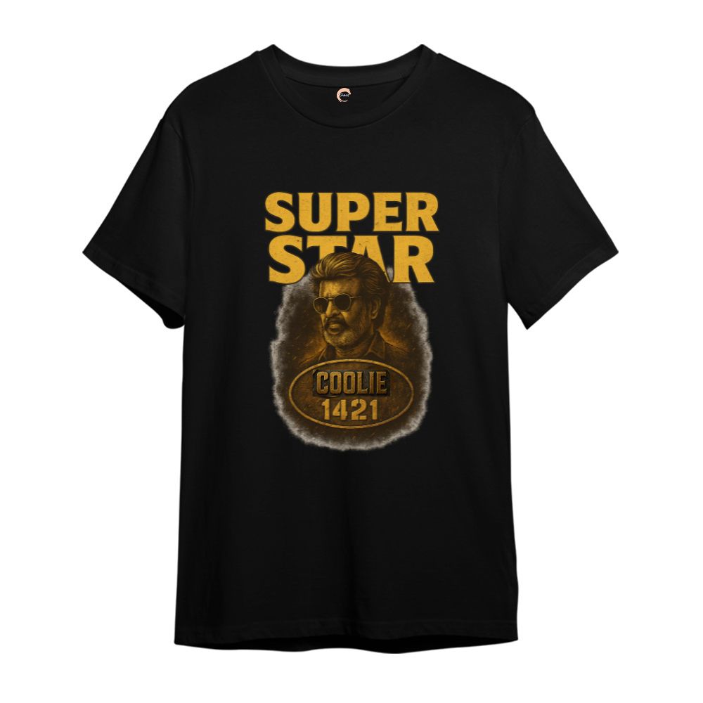 Black t-shirt with gold graphic and text 