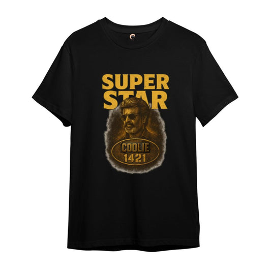 Black t-shirt with gold graphic and text 
