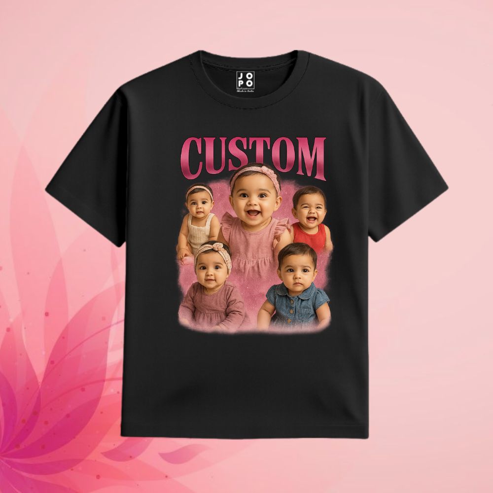 Black t-shirt with multitple baby photos