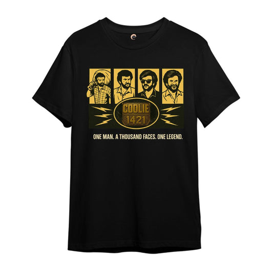 Black t-shirt with yellow graphic and text
