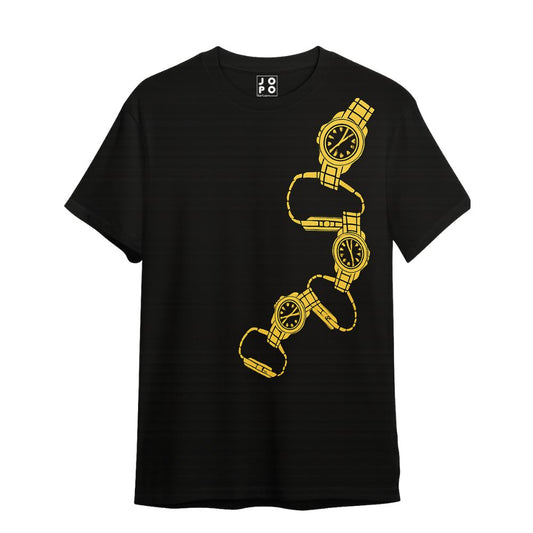 Black t-shirt with yellow watch graphic 