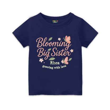 'Blooming Big Sister' and Growing with Love text, with floral and butterfly design printed, Navyblue t-shirt.
