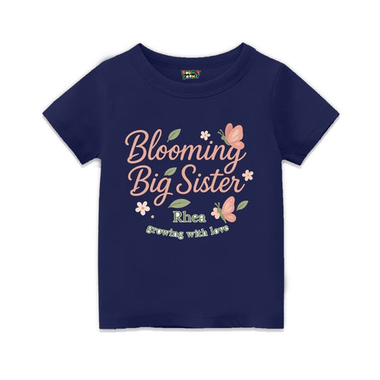 'Blooming Big Sister' and Growing with Love text, with floral and butterfly design printed, Navyblue t-shirt.
