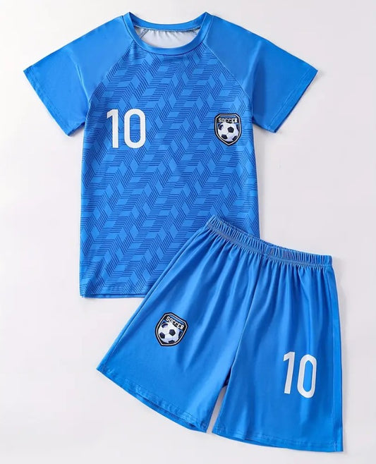 Kids' soccer jerseys with shorts in blue