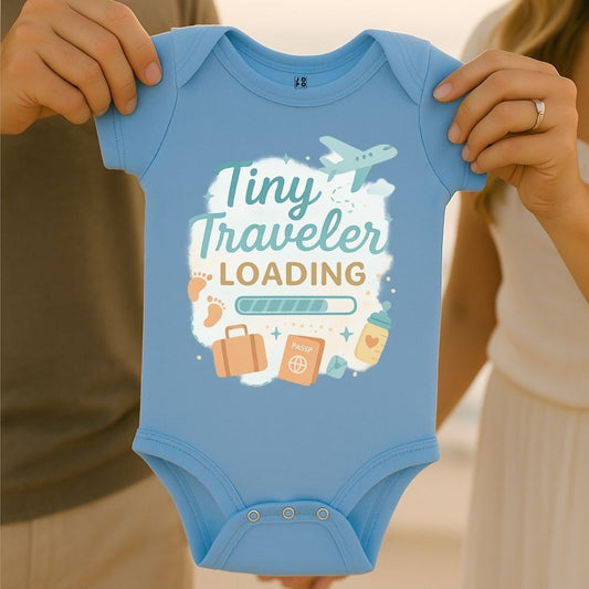 Blue baby onesie with 'Tiny Traveler Loading' text and travel-themed graphics 