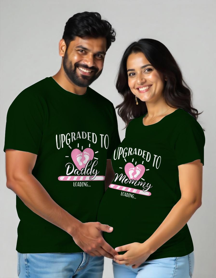 Bottlegreen Maternity Couple Matching T-shirts with the text 'UPGRADED TO MOMMY DADDY' Text printed 