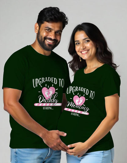 Bottlegreen Maternity Couple Matching T-shirts with the text 'UPGRADED TO MOMMY DADDY' Text printed 