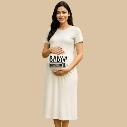 Burlywood Maternity Dress, 'Baby Loading' text and Feeding Bottle, Baby Footprint design