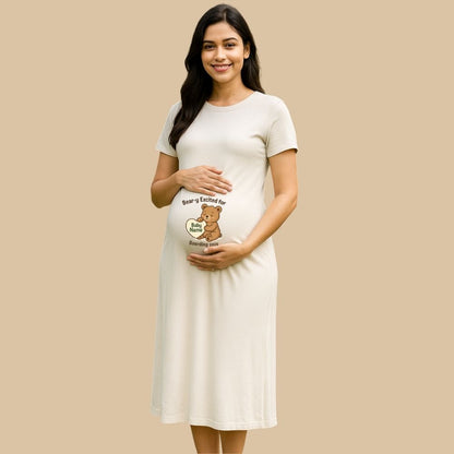 Burlywood Maternity Dress, Bear Design and text Personalised Name and Due Year 'Bear-y Excited for Boarding' 