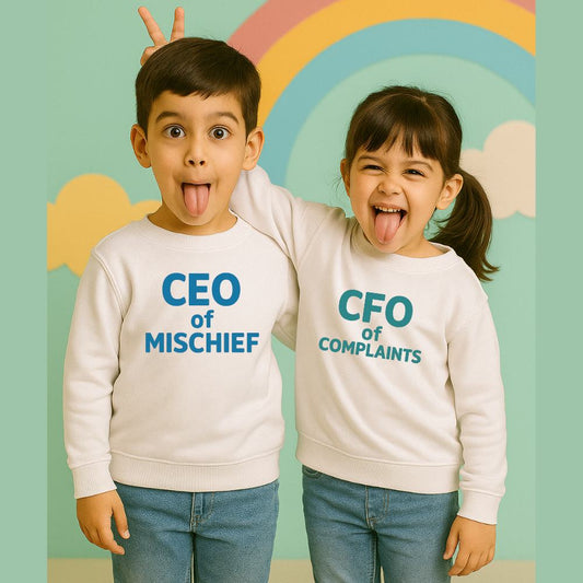 White CEO CFO matching sweatshirts for brother and sister – perfect Rakhi gift 2025 to celebrate sibling power and love in style