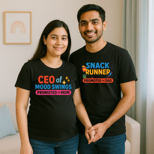 Maternity couple in humorous graphic t-shirts for pregnancy 