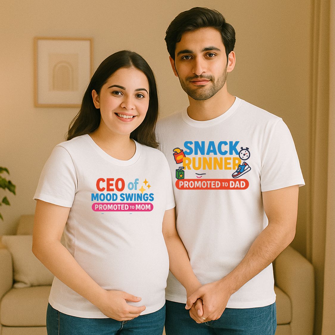 Maternity Couple TShirts for Pregnancy with CEO of Mood Swings and Snack Runner 