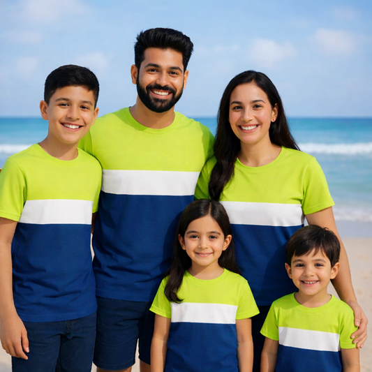 Color Block Cut Sew Family Tshirts Set for Family - NeonGreen-White-NavyBlue