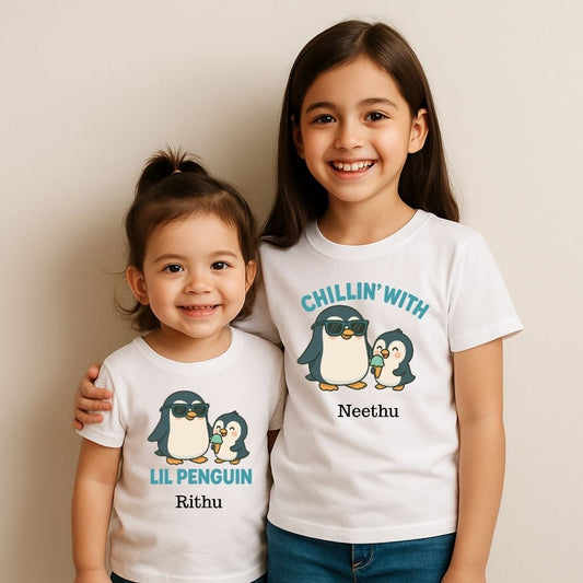 Celebrate Rakshabandhan 2025 with cute matching sibling T-shirts featuring cartoon penguins and winter vibes – the perfect Rakhi gift for brothers and sisters!