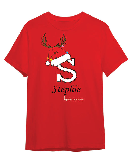 Personalized Men's Christmas T-Shirt - Custom Initial & Name Reindeer Santa Hat Tee