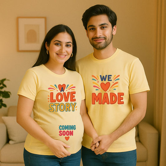  “A Love Story – Coming Soon” and “We Love Made.” Couple Maternity Tees