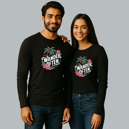 Couple Sweatshirt Black 'Wander Often' Text with Flower and Coconut tree design 