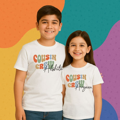 Custom Cousin Crew t-shirts for kids – perfect Rakhi gift 2025 for cousins and siblings to twin at reunions, parties, or Rakshabandhan celebrations